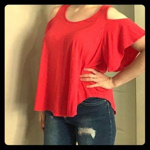 Red cold shoulder express shirt.